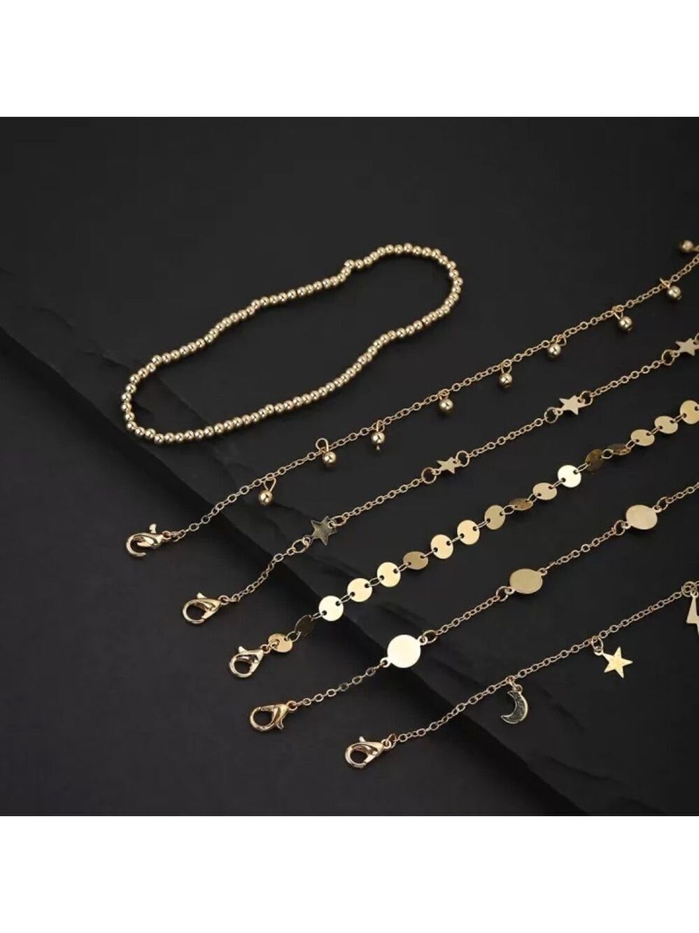 New set of 6 Gold Plated Anklets Moon Stars